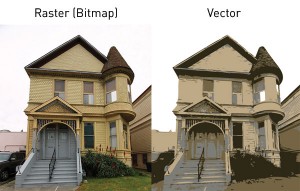 Et rasterbilde av et hus forsøkt vektorisert, uten hell.